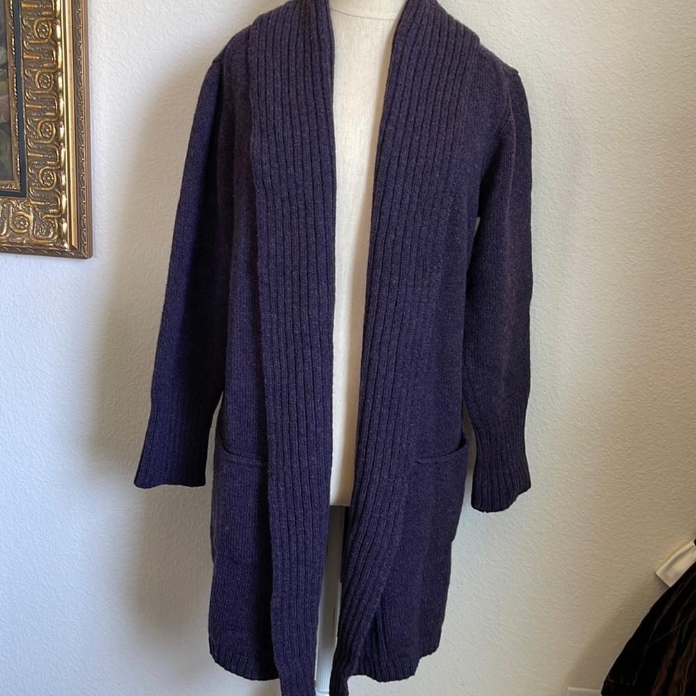 100% Pure New Wool Kerry Traditions Made in Ireland purple open cardigan sweater